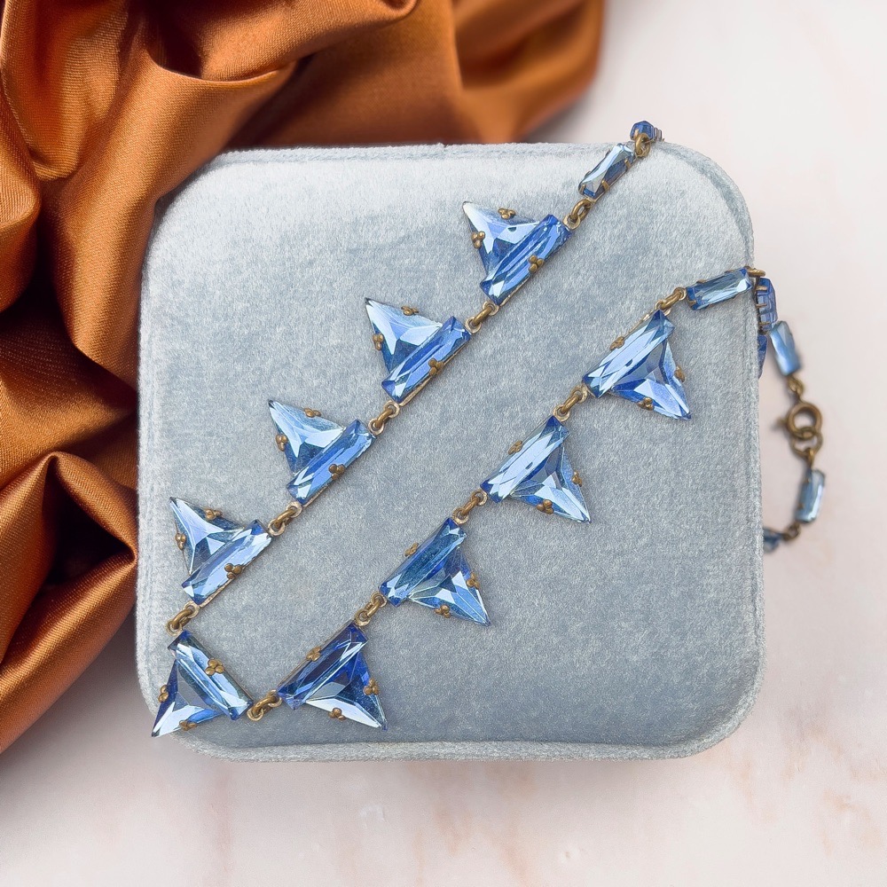 Art Deco 1930s Czechoslovakian Blue Triangular Mirror Glass Vintage Necklace